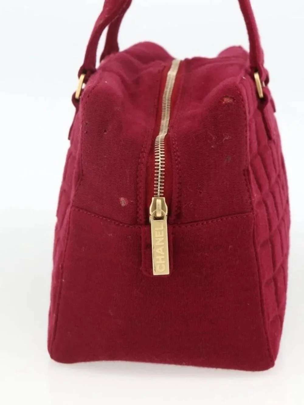 CHANEL Choco Bar Hand Bag Cotton Bordeaux Gold CC Auth BAZ870